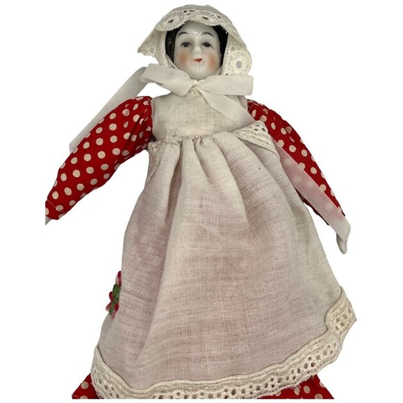 Porcelain Victorian Girl Doll Embroidered Red White Polka Dotted Dress Bonnet - Picture 3 of 15